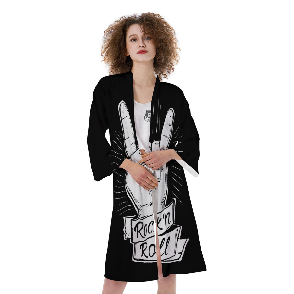 Rock And Roll White And Black Print Kimono-grizzshop