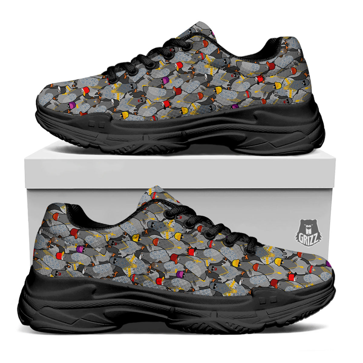 Rock Drove Gangster Print Pattern Black Chunky Shoes-grizzshop