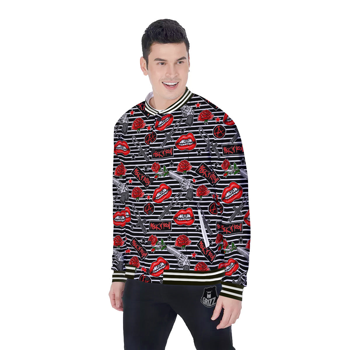 Rock’N’Roll Stiped Black White Print Pattern Baseball Jacket-grizzshop