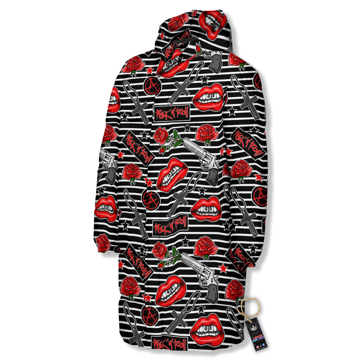 Rock’N’Roll Stiped Black White Print Pattern Long Down Jacket-grizzshop