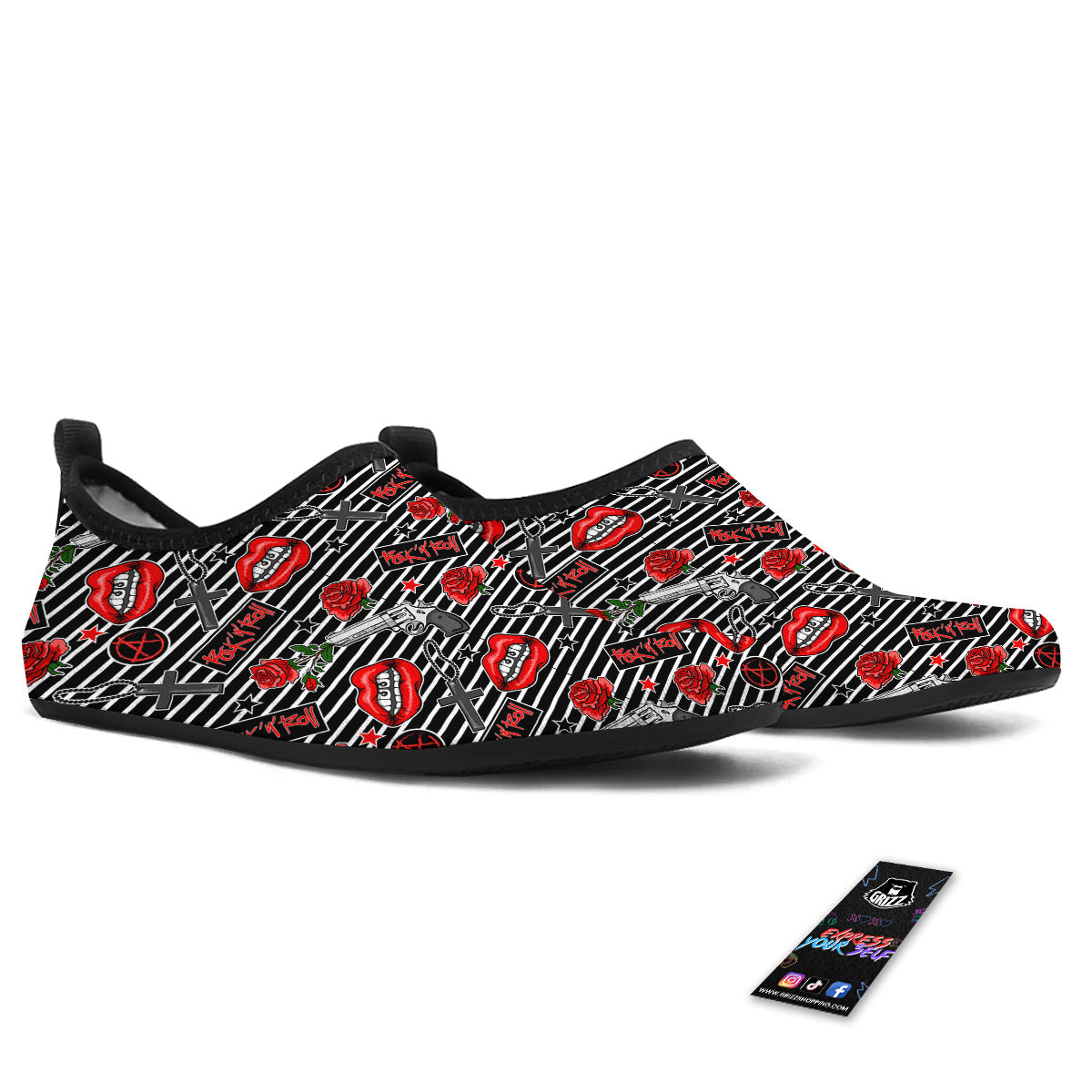 Rock’N’Roll Stiped Black White Print Pattern Water Shoes-grizzshop