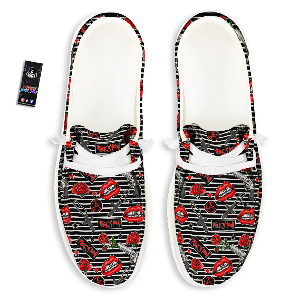 Rock’N’Roll Stiped Black White Print Pattern White Loafers-grizzshop