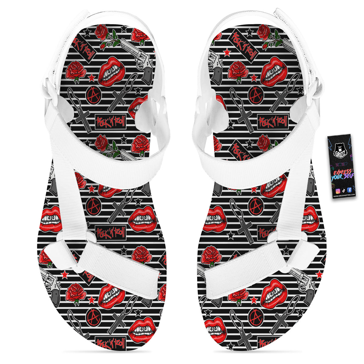 Rock’N’Roll Stiped Black White Print Pattern White Open Toe Sandals-grizzshop