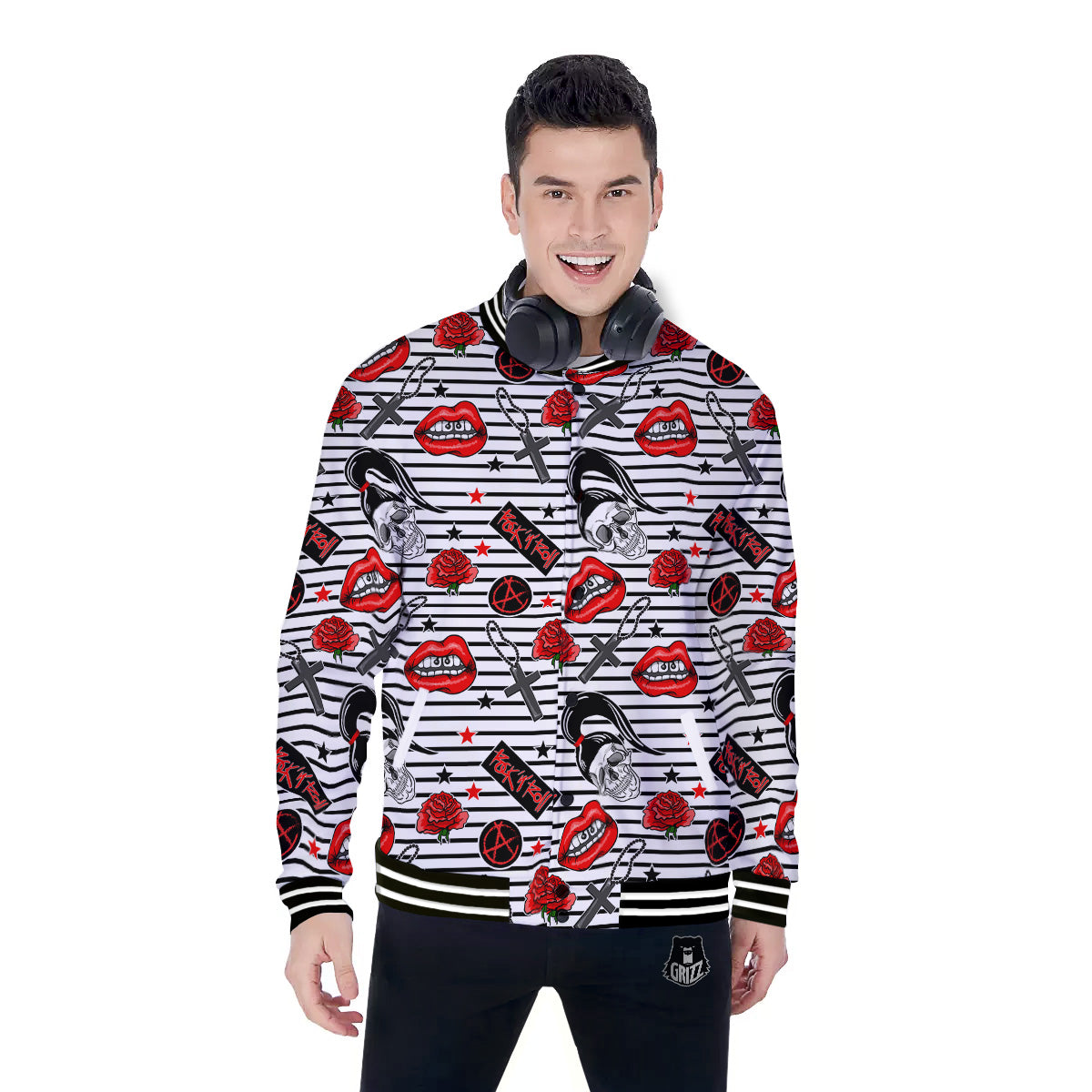 Rock’N’Roll Stiped White Black Print Pattern Baseball Jacket-grizzshop