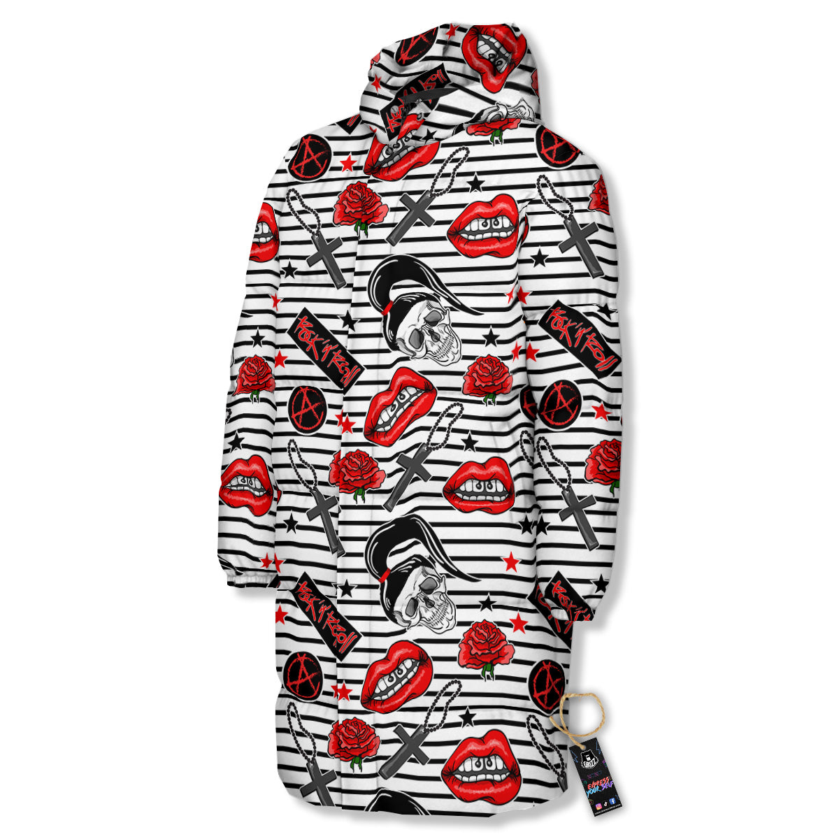 Rock’N’Roll Stiped White Black Print Pattern Long Down Jacket-grizzshop