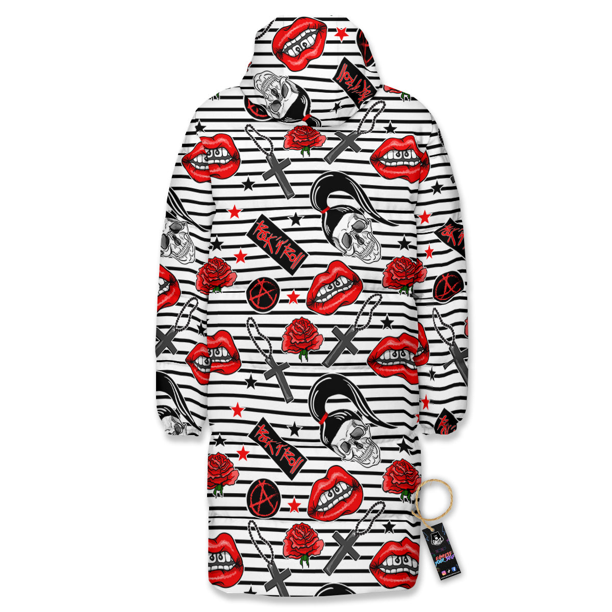 Rock’N’Roll Stiped White Black Print Pattern Long Down Jacket-grizzshop