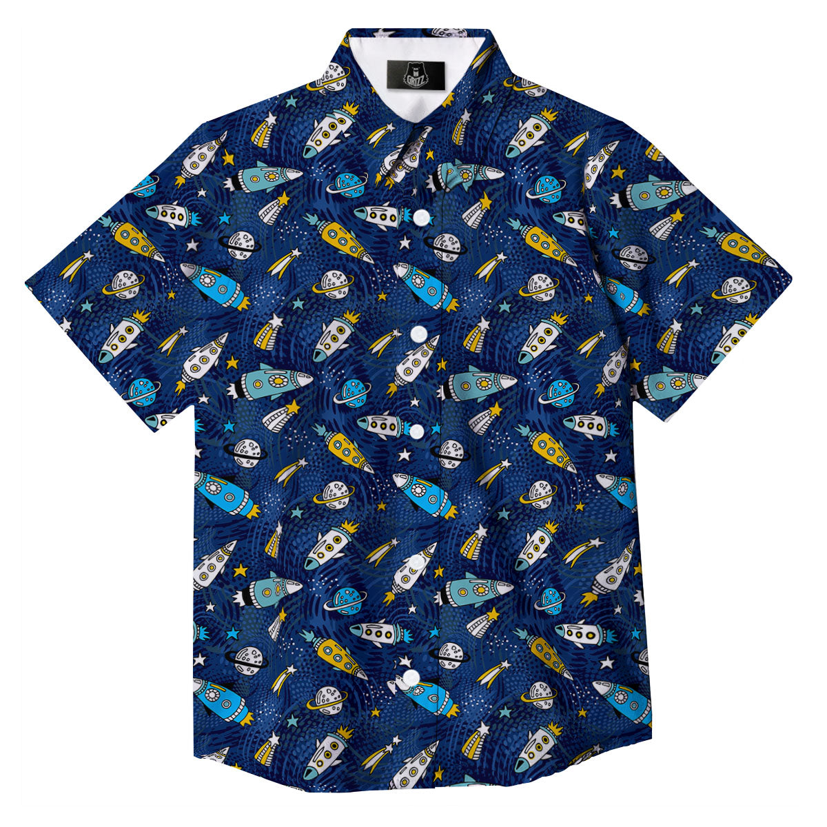 Rocket Doodle Print Pattern Button Up Shirt-grizzshop