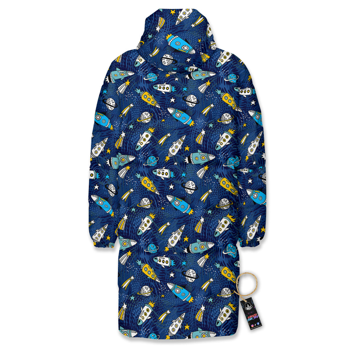 Rocket Doodle Print Pattern Long Down Jacket-grizzshop