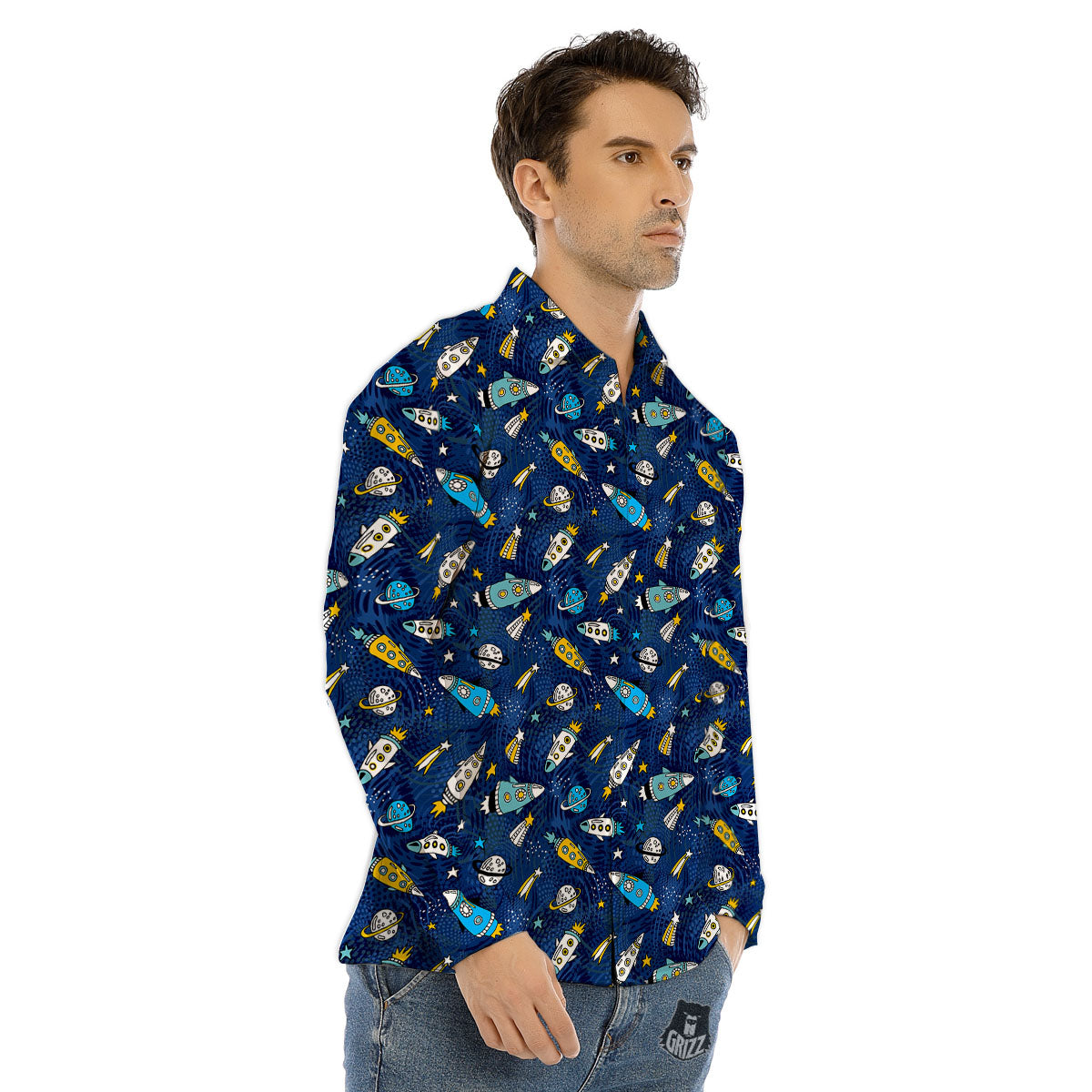 Rocket Doodle Print Pattern Men's Dress Shirts-grizzshop