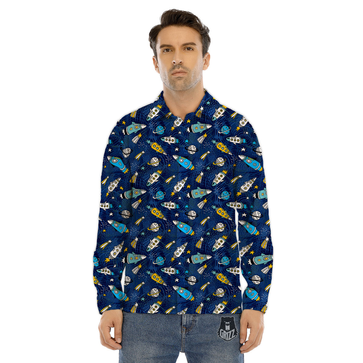 Rocket Doodle Print Pattern Men's Dress Shirts-grizzshop