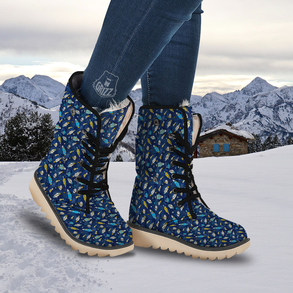 Rocket Doodle Print Pattern Snow Boots-grizzshop