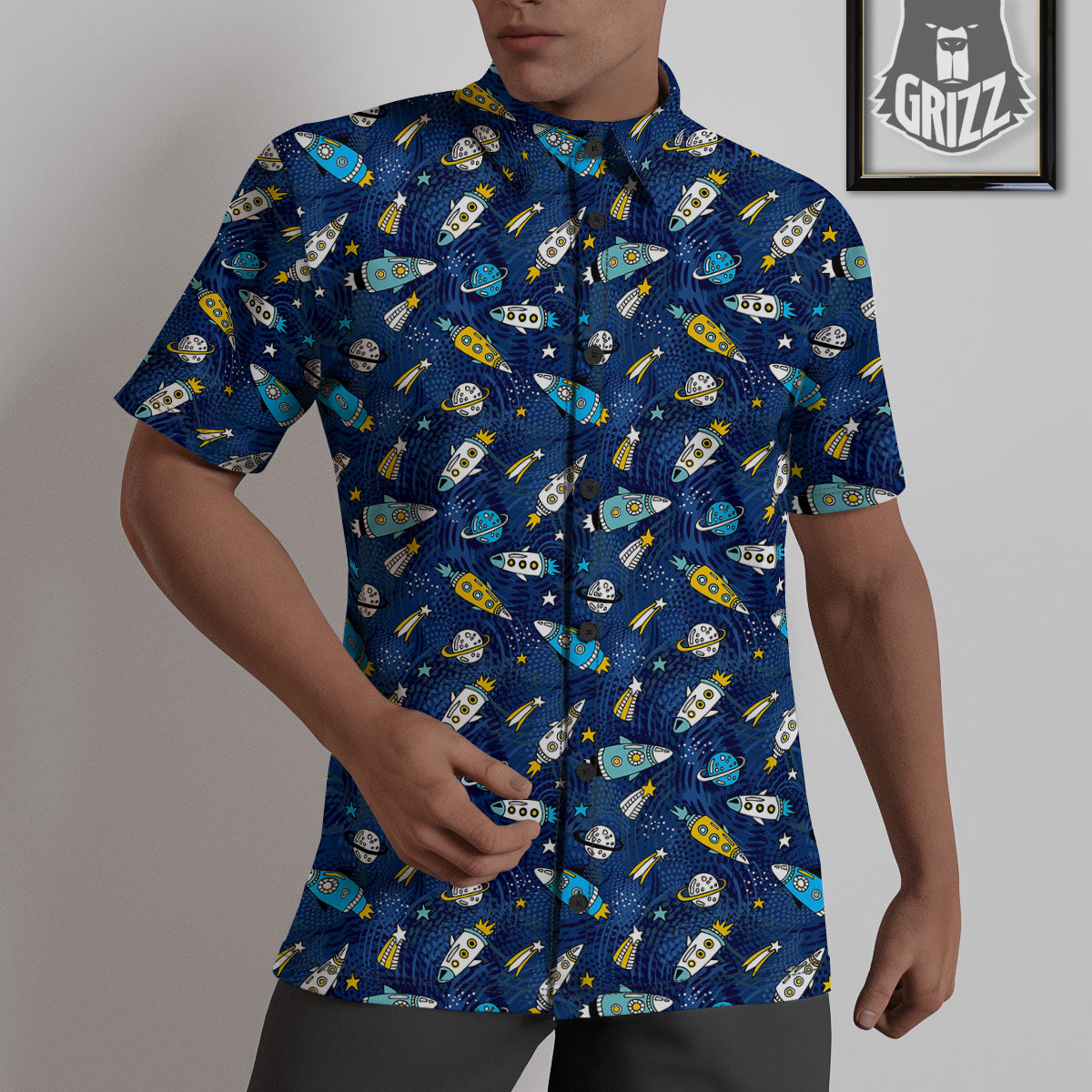 Rocket Doodle Print Pattern Untucked Shirts-grizzshop