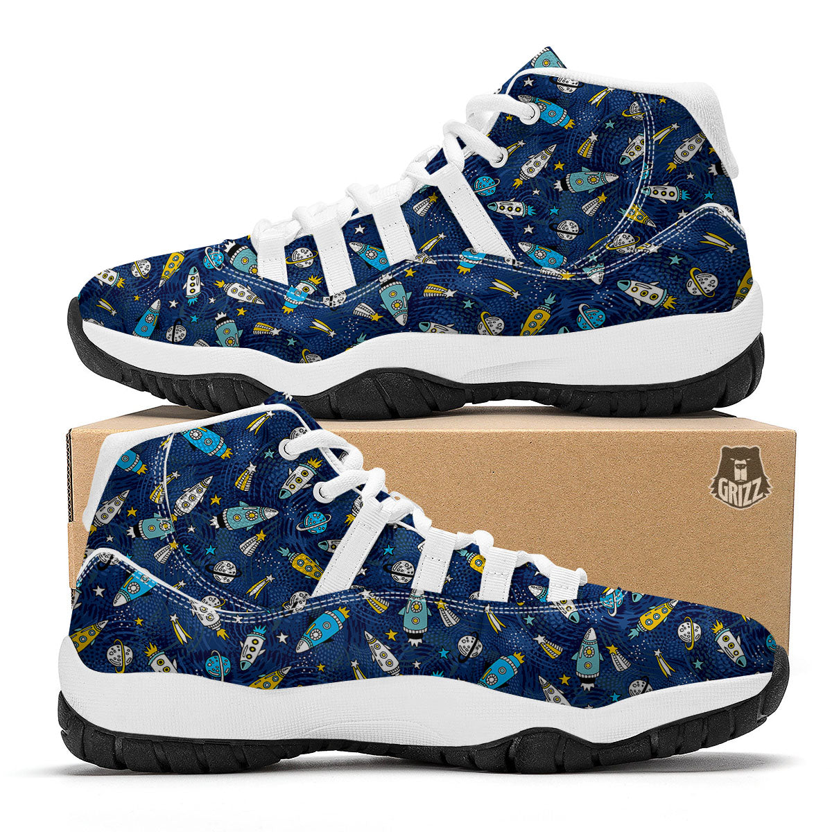 Rocket Doodle Print Pattern White Bball Shoes-grizzshop
