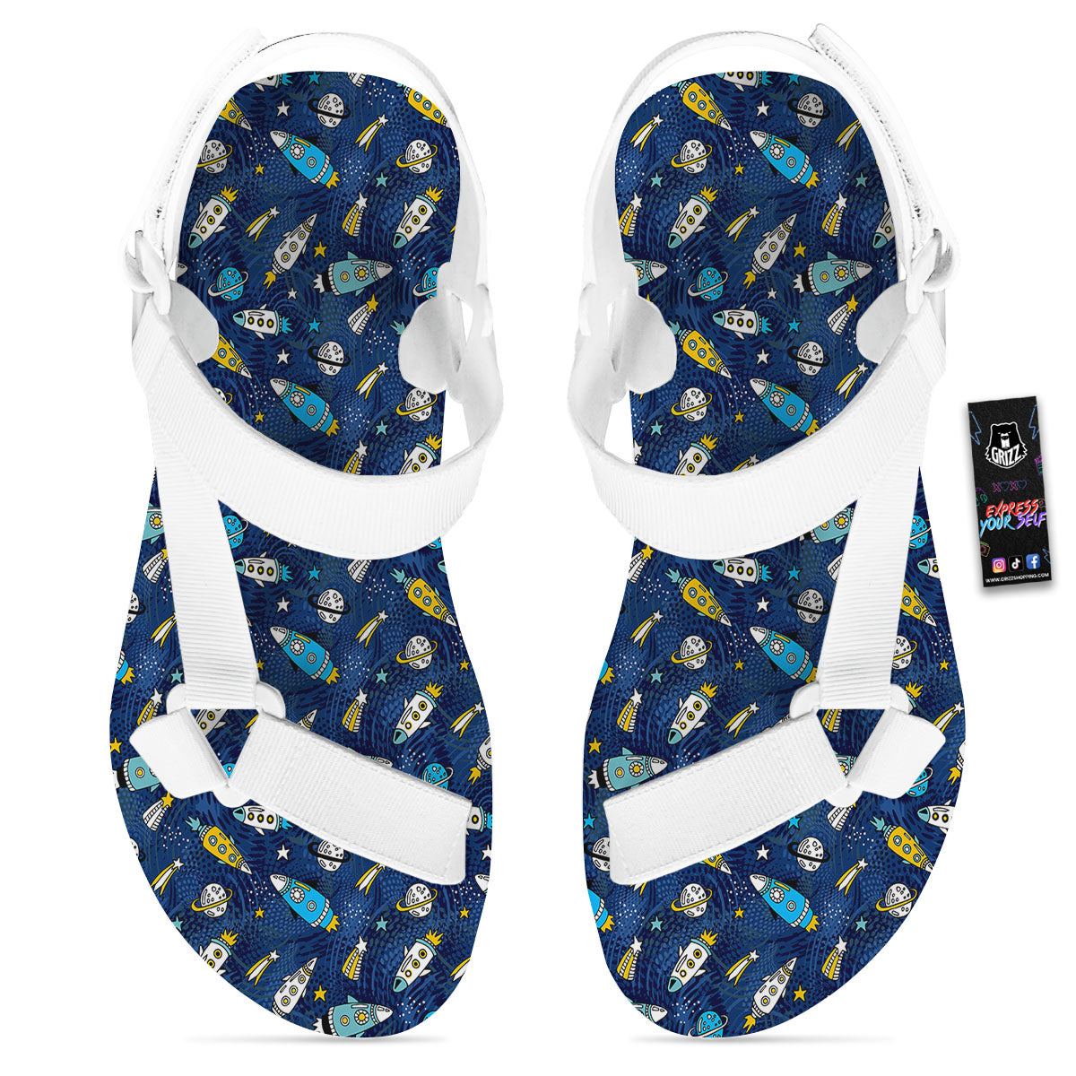 Rocket Doodle Print Pattern White Open Toe Sandals-grizzshop
