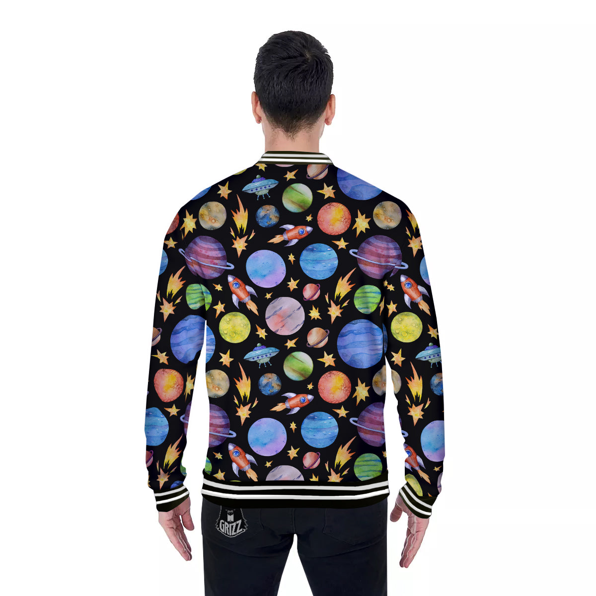 Rocket Watercolor Print Pattern Baseball Jacket-grizzshop