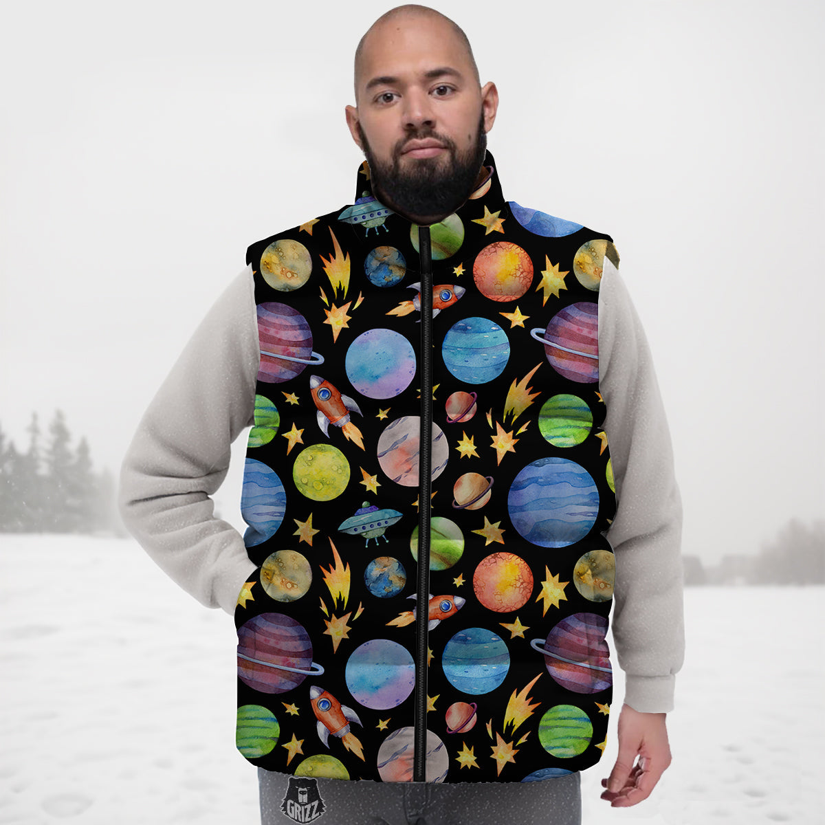 Rocket Watercolor Print Pattern Down Vest-grizzshop