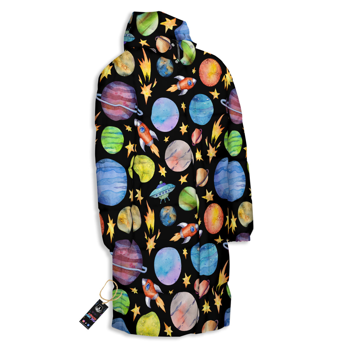Rocket Watercolor Print Pattern Long Down Jacket-grizzshop