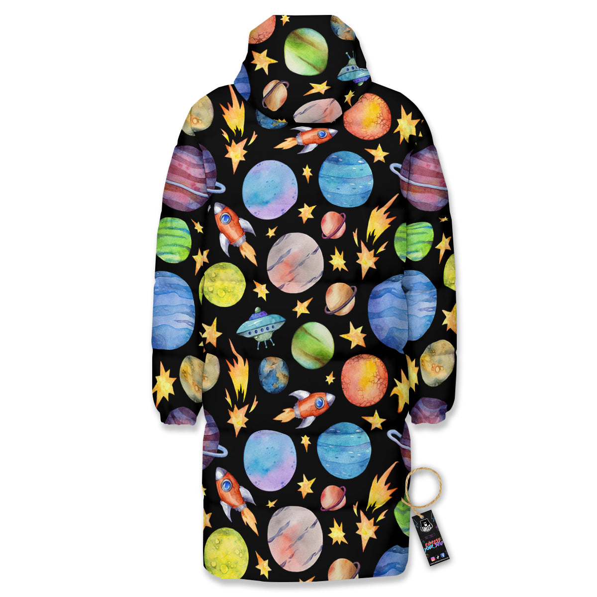 Rocket Watercolor Print Pattern Long Down Jacket-grizzshop