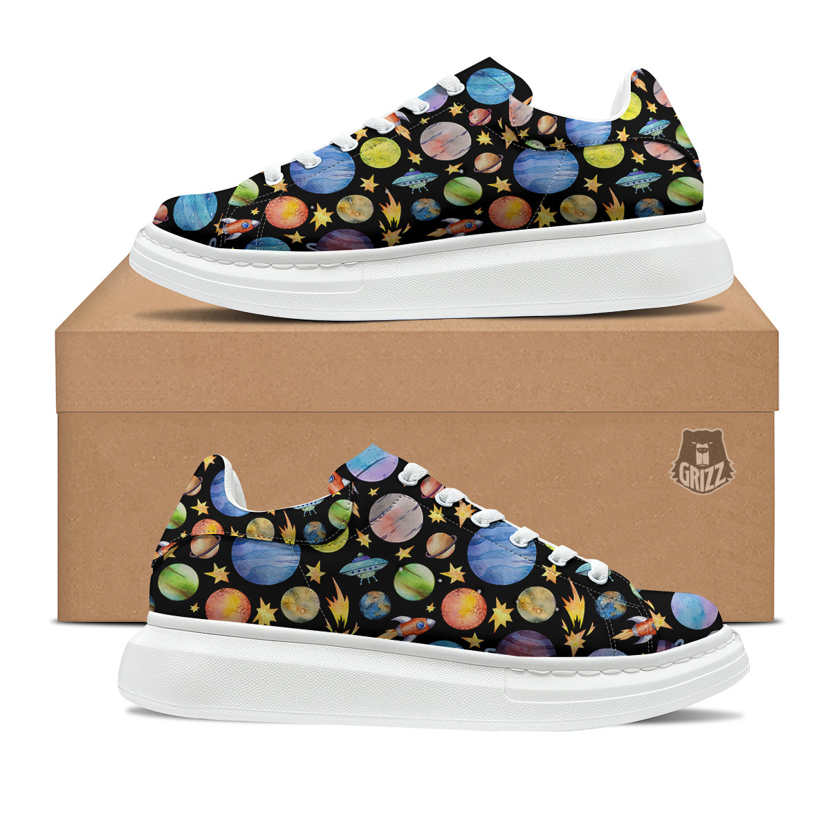 Rocket Watercolor Print Pattern Platform Shoes-grizzshop