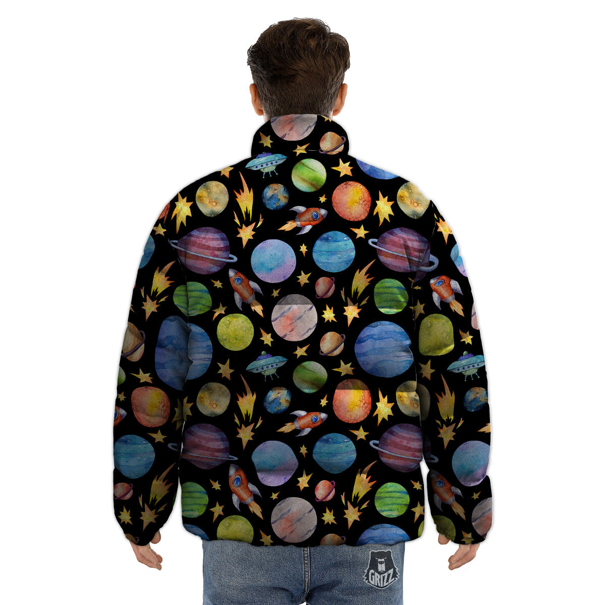 Rocket Watercolor Print Pattern Puffer Jacket-grizzshop
