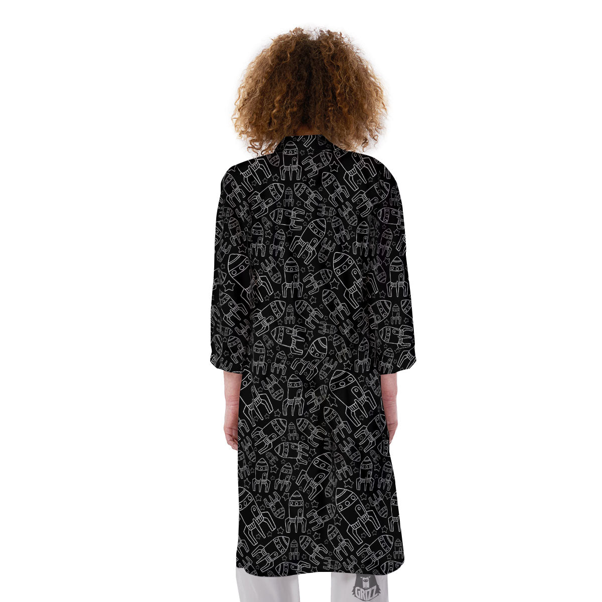 Rocket White And Black Print Pattern Kimono-grizzshop