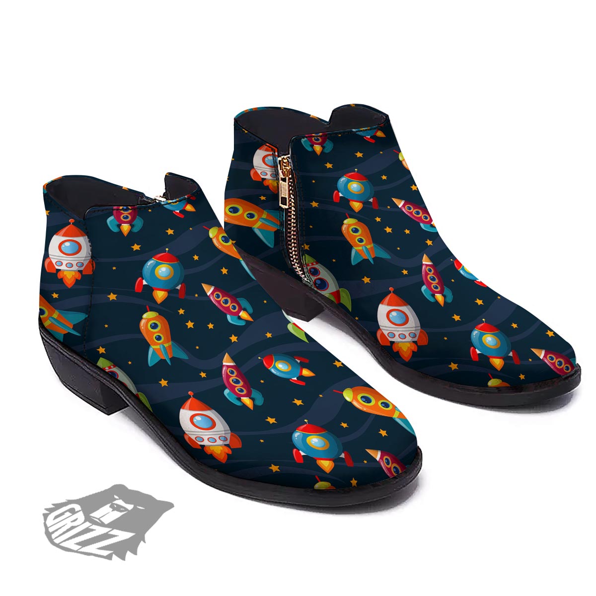 Rockets Space Print Pattern Ankle Boots-grizzshop