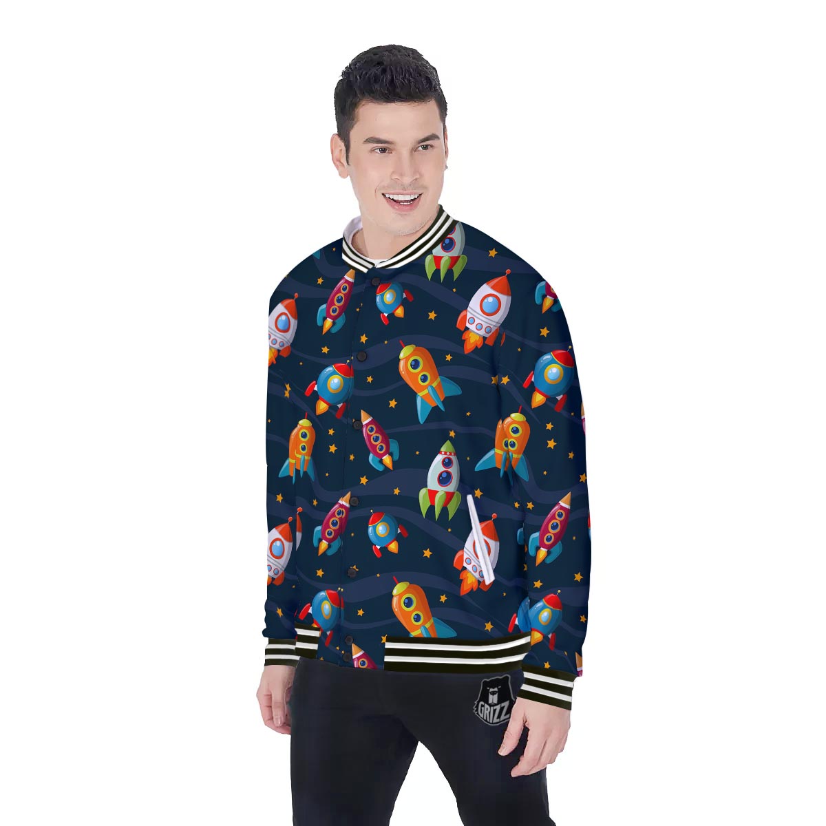 Rockets Space Print Pattern Baseball Jacket-grizzshop