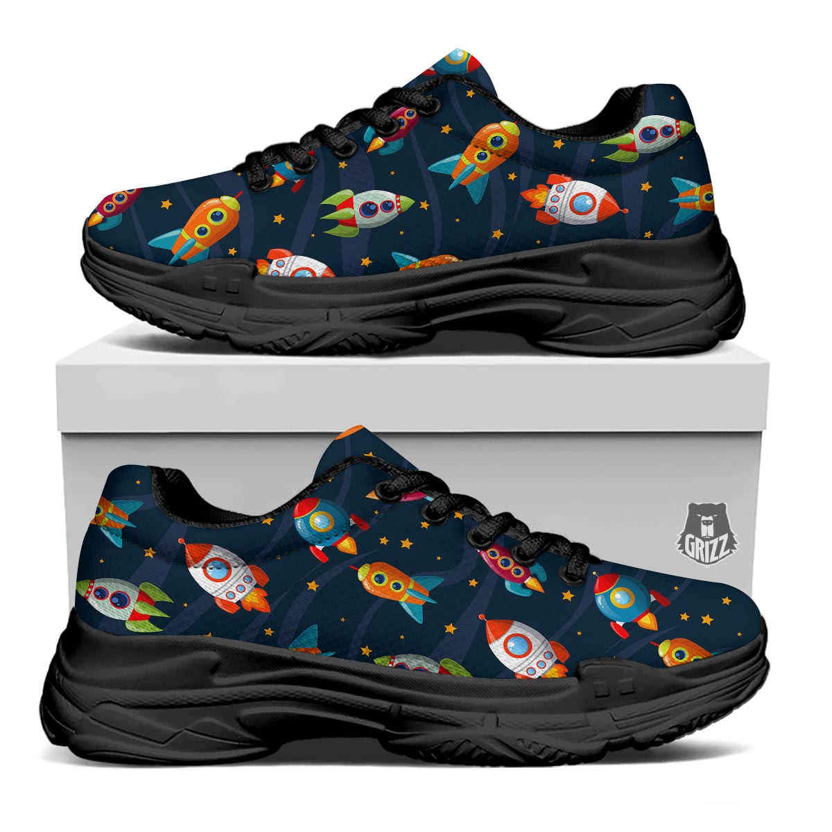 Rockets Space Print Pattern Black Chunky Shoes-grizzshop