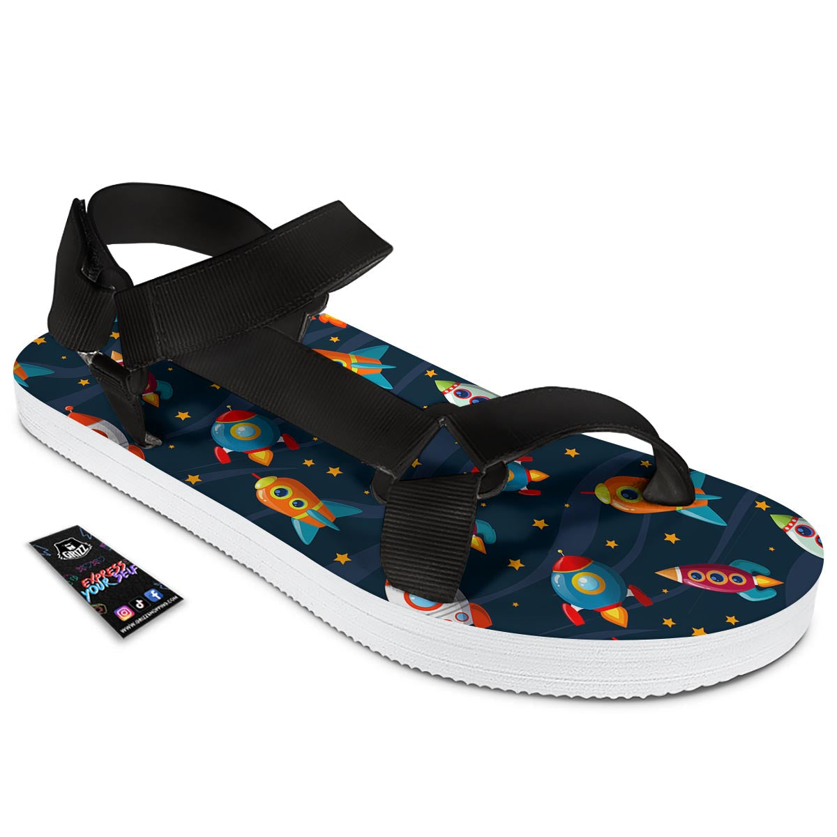 Rockets Space Print Pattern Black Open Toe Sandals-grizzshop