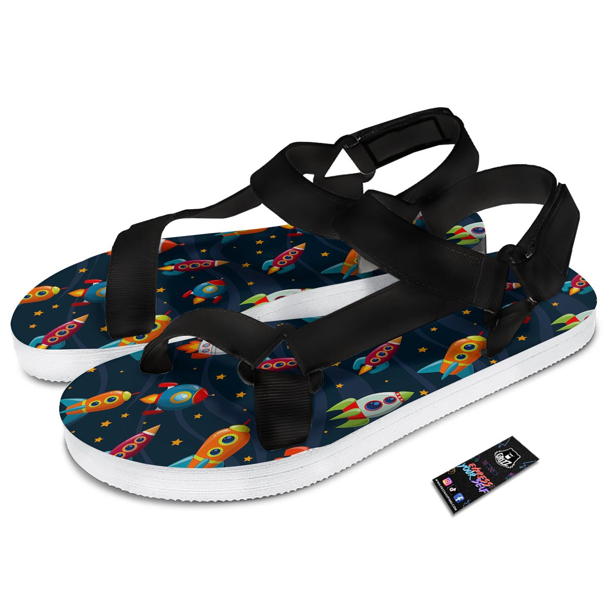 Rockets Space Print Pattern Black Open Toe Sandals-grizzshop