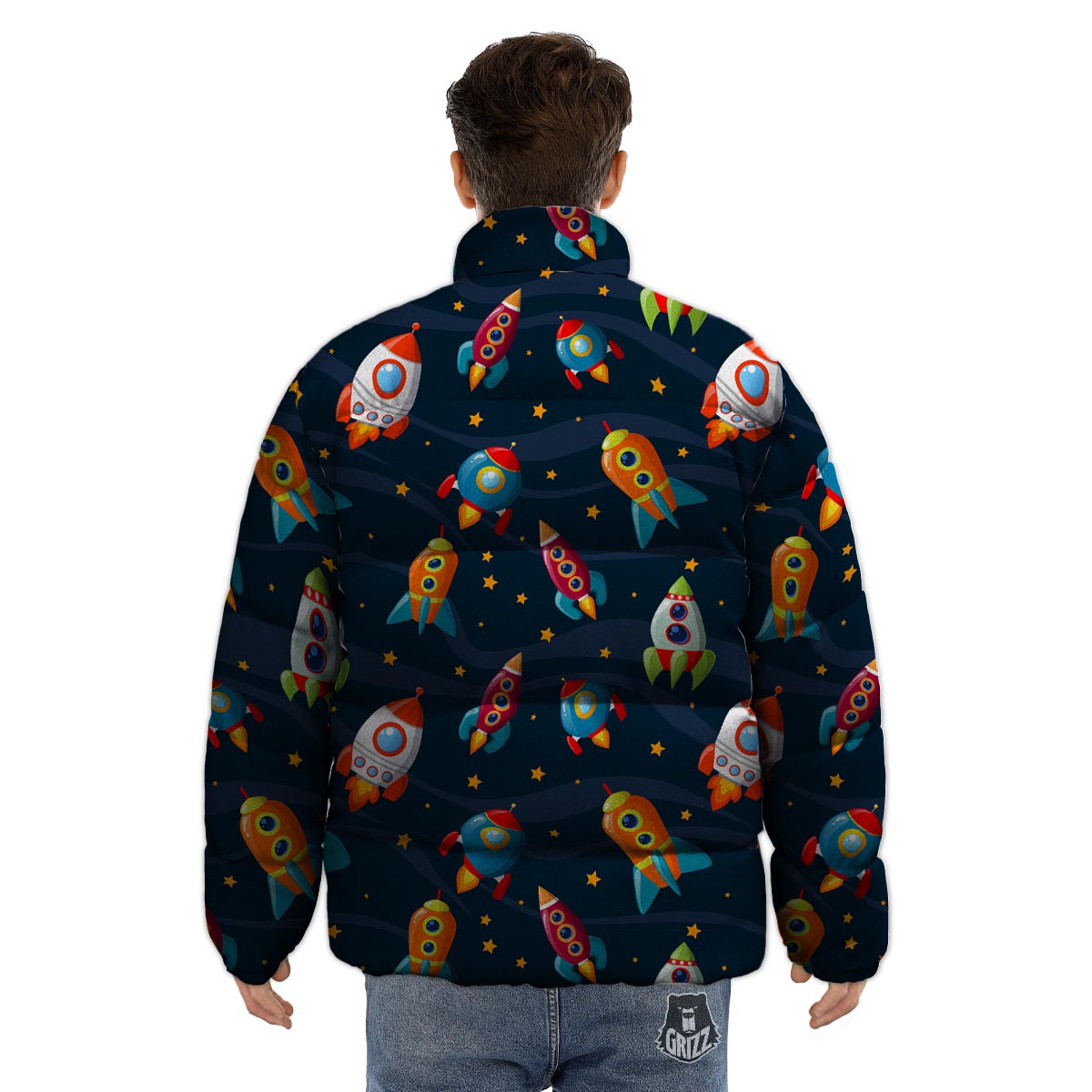 Rockets Space Print Pattern Puffer Jacket-grizzshop