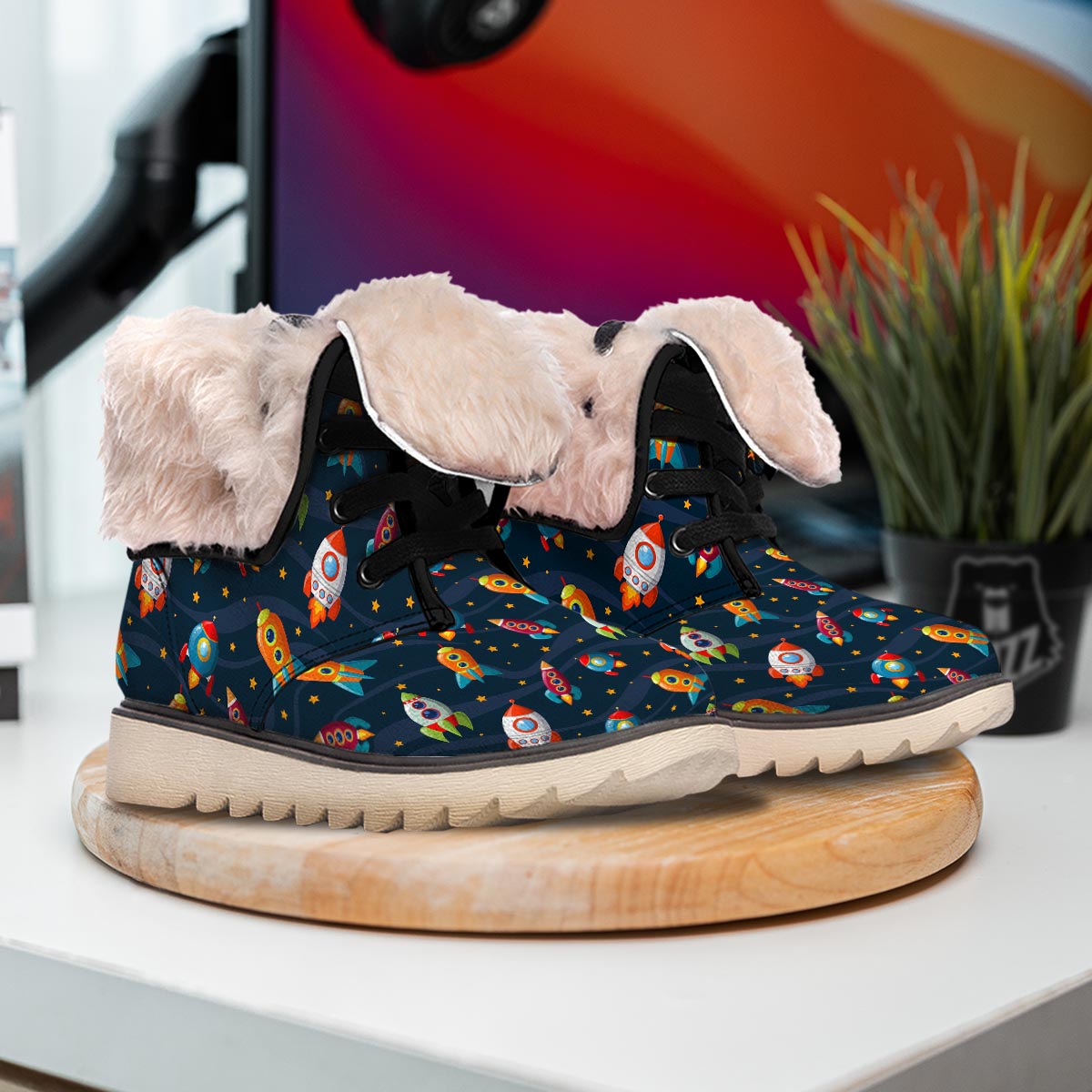 Rockets Space Print Pattern Snow Boots-grizzshop