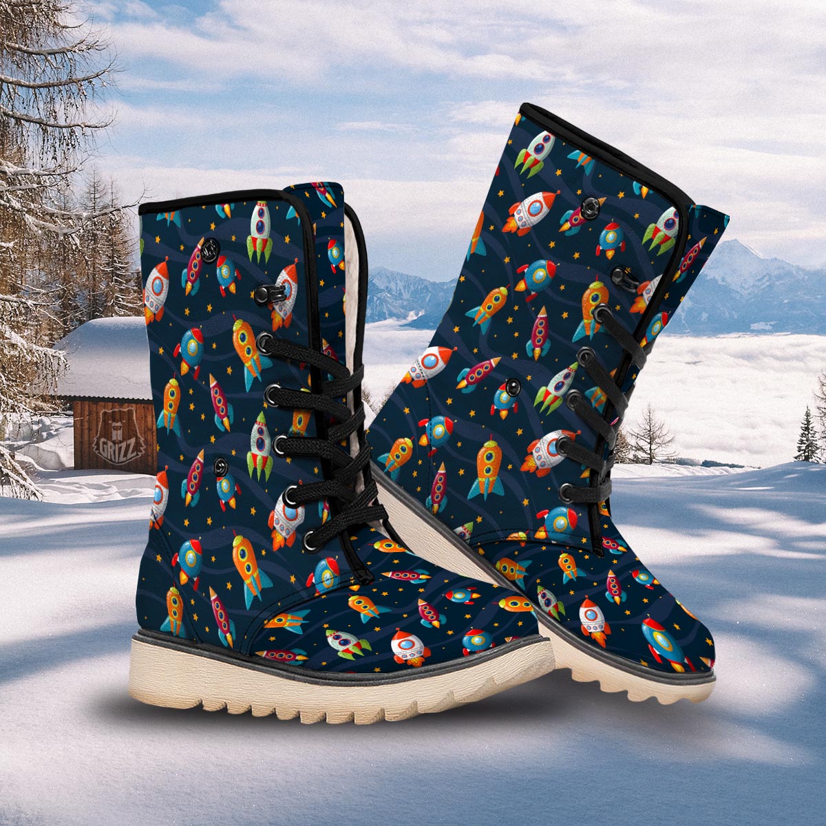 Rockets Space Print Pattern Snow Boots-grizzshop