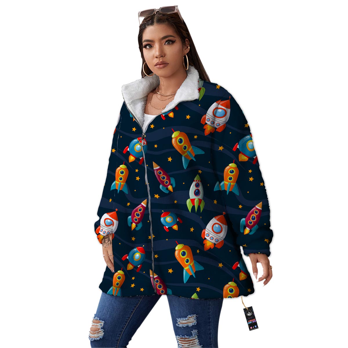 Rockets Space Print Pattern Women's Sherpa Jacket-grizzshop