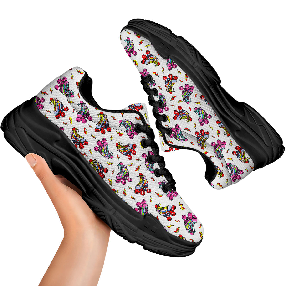 Roller Skates Lightning Print Pattern Black Chunky Shoes-grizzshop