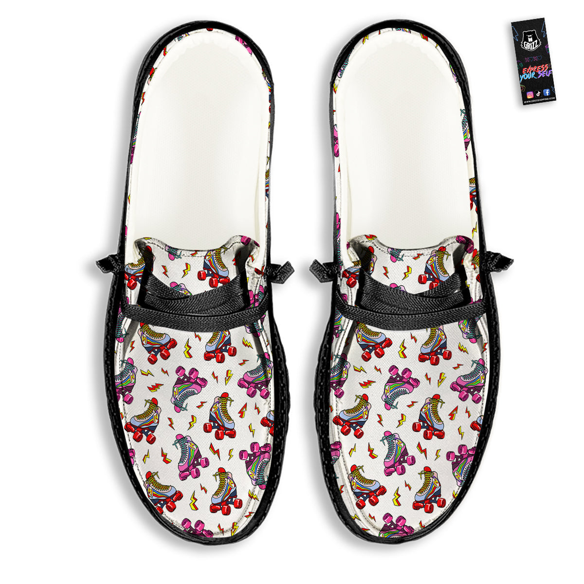 Roller Skates Lightning Print Pattern Black Loafers-grizzshop