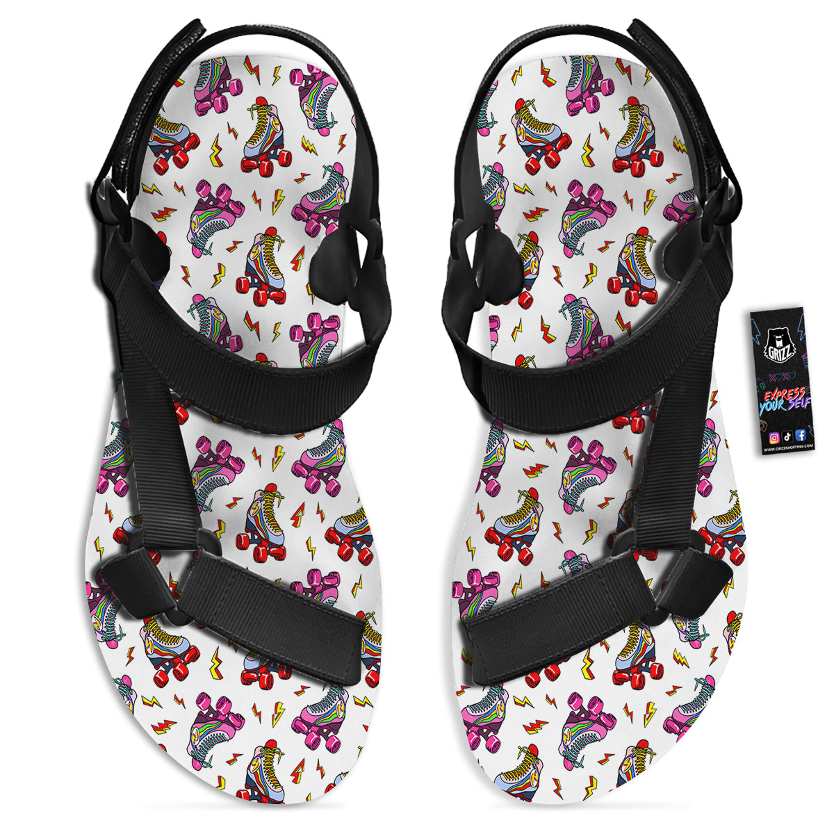 Roller Skates Lightning Print Pattern Black Open Toe Sandals-grizzshop