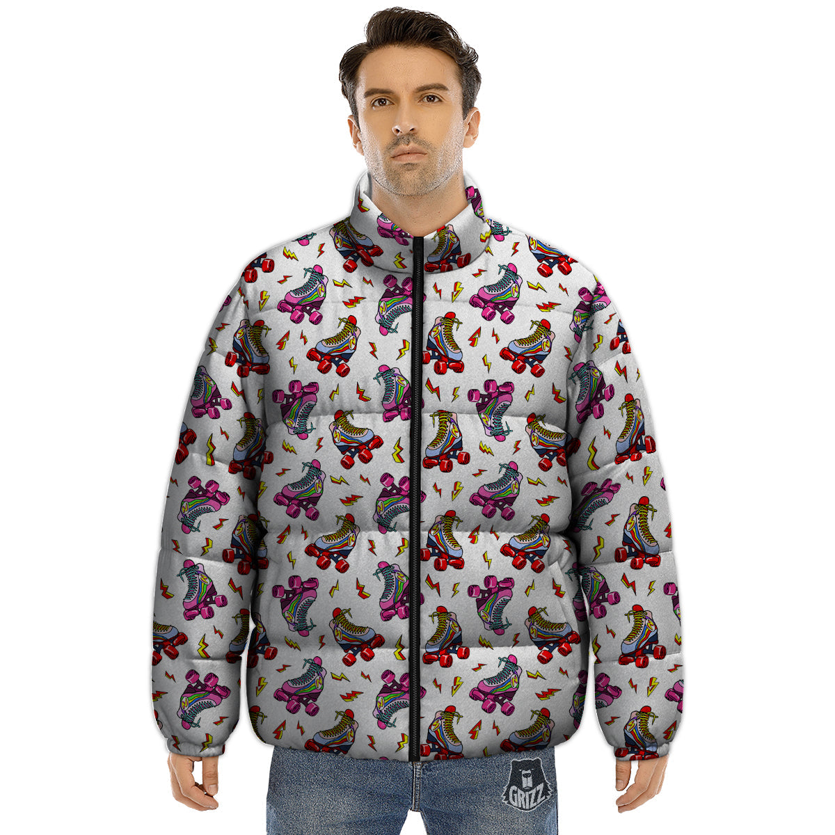 Roller Skates Lightning Print Pattern Puffer Jacket-grizzshop