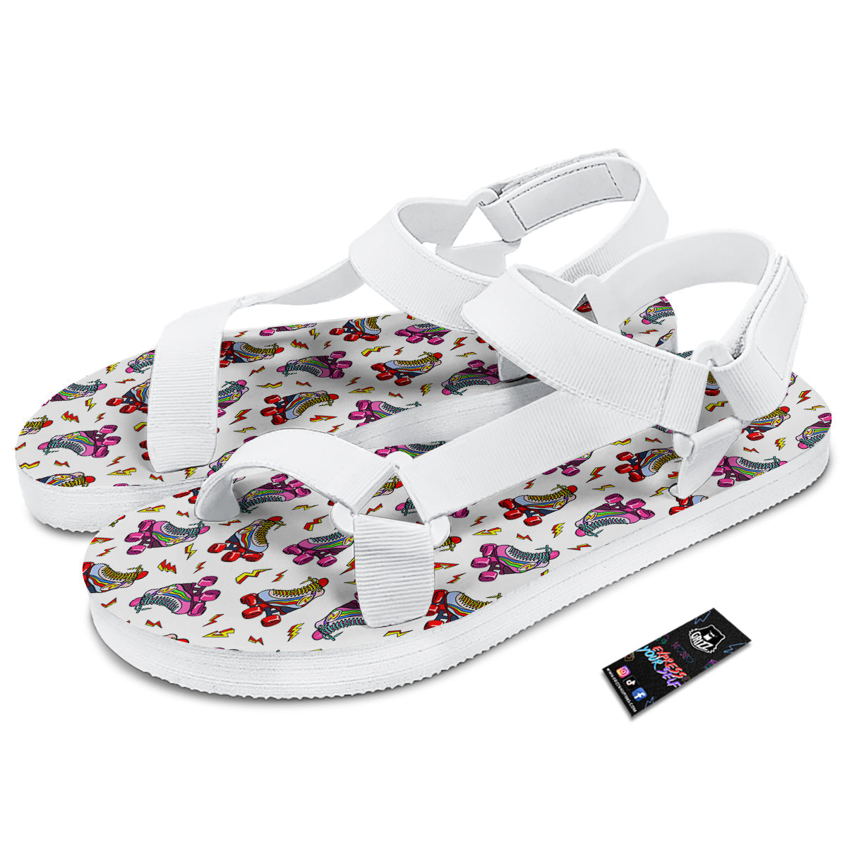 Roller Skates Lightning Print Pattern White Open Toe Sandals-grizzshop