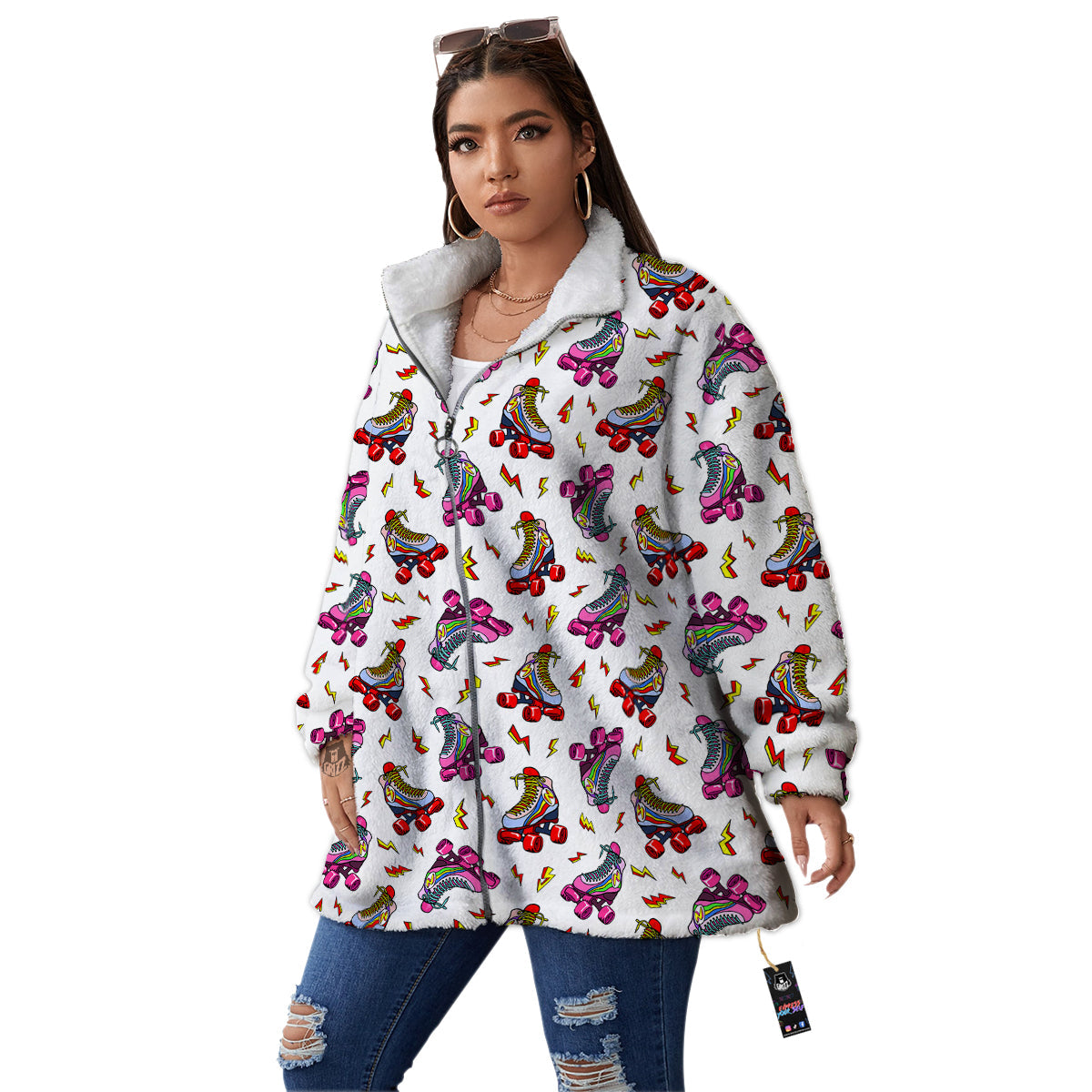 Roller Skates Lightning Print Pattern Women's Sherpa Jacket-grizzshop