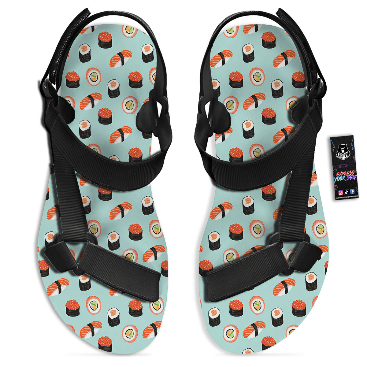Rolls And Japanese Sushi Print Pattern Black Open Toe Sandals-grizzshop