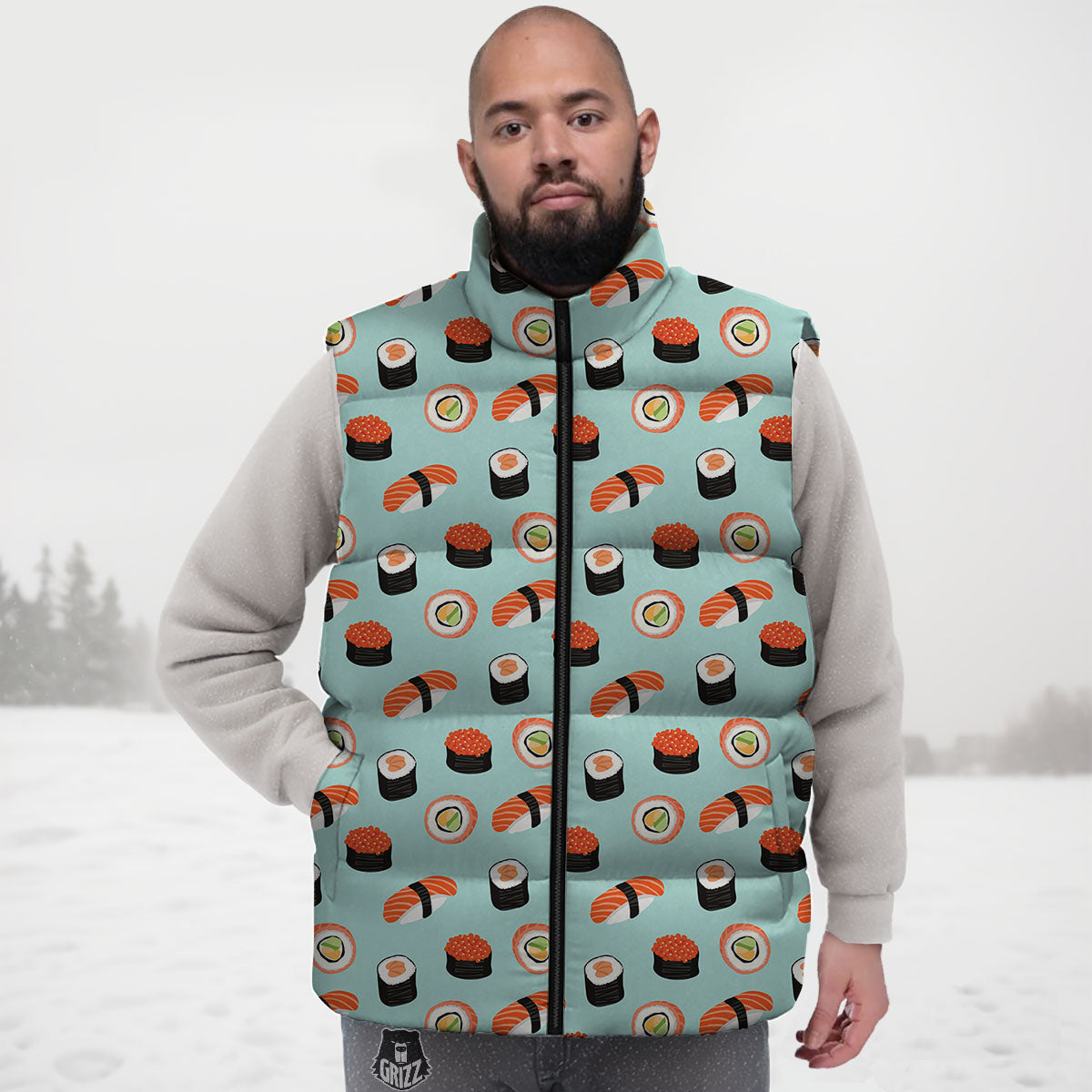 Rolls And Japanese Sushi Print Pattern Down Vest