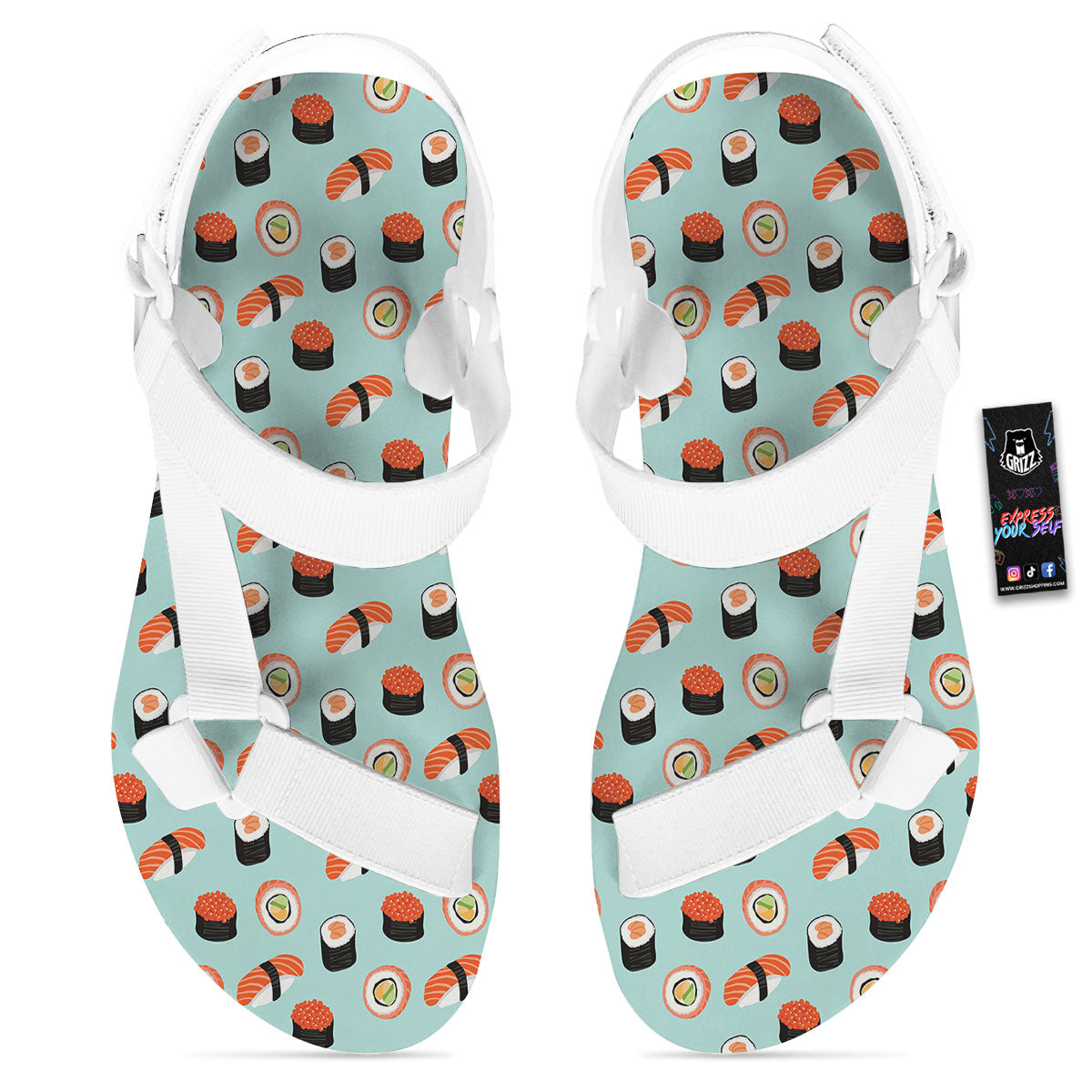 Rolls And Japanese Sushi Print Pattern White Open Toe Sandals-grizzshop