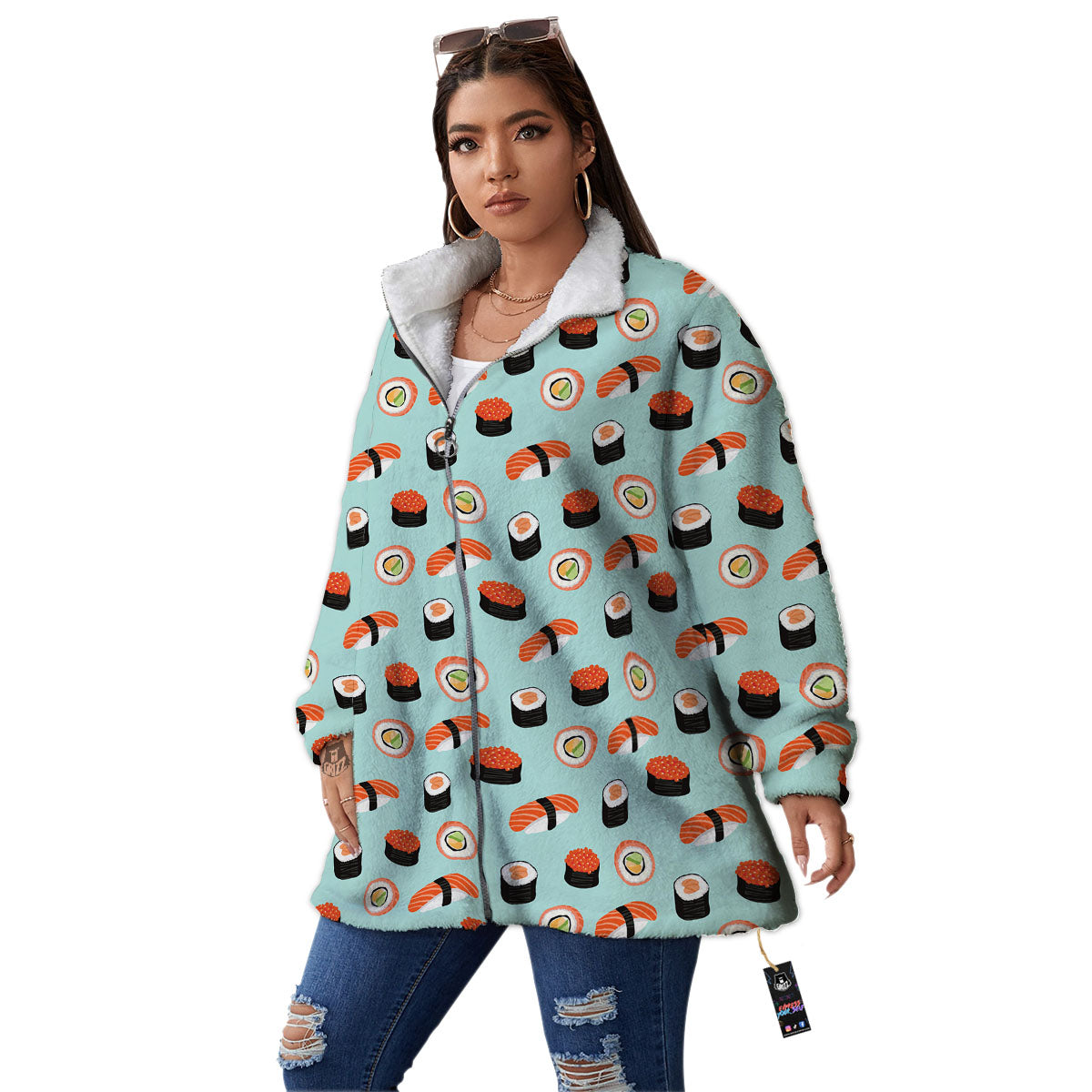 Rolls And Japanese Sushi Print Pattern Women's Sherpa Jacket-grizzshop