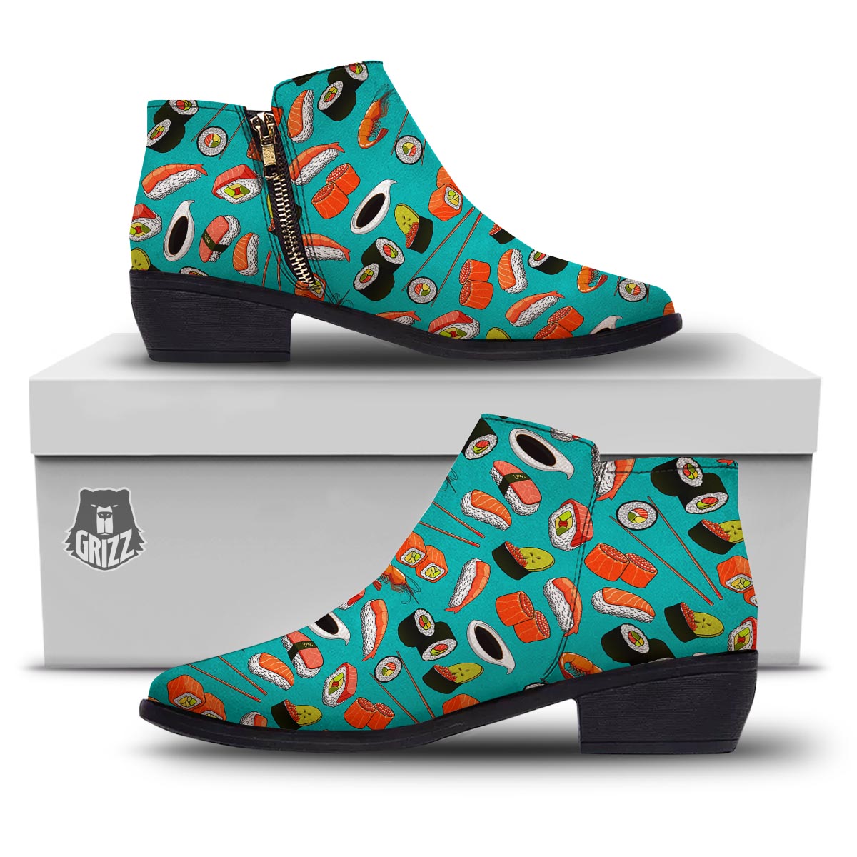 Rolls And Salmon Sushi Print Pattern Ankle Boots-grizzshop