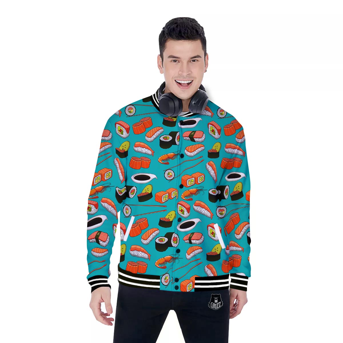 Rolls And Salmon Sushi Print Pattern Baseball Jacket-grizzshop