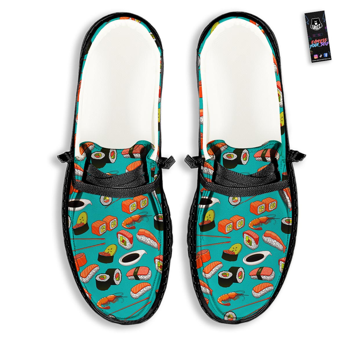Rolls And Salmon Sushi Print Pattern Black Loafers-grizzshop