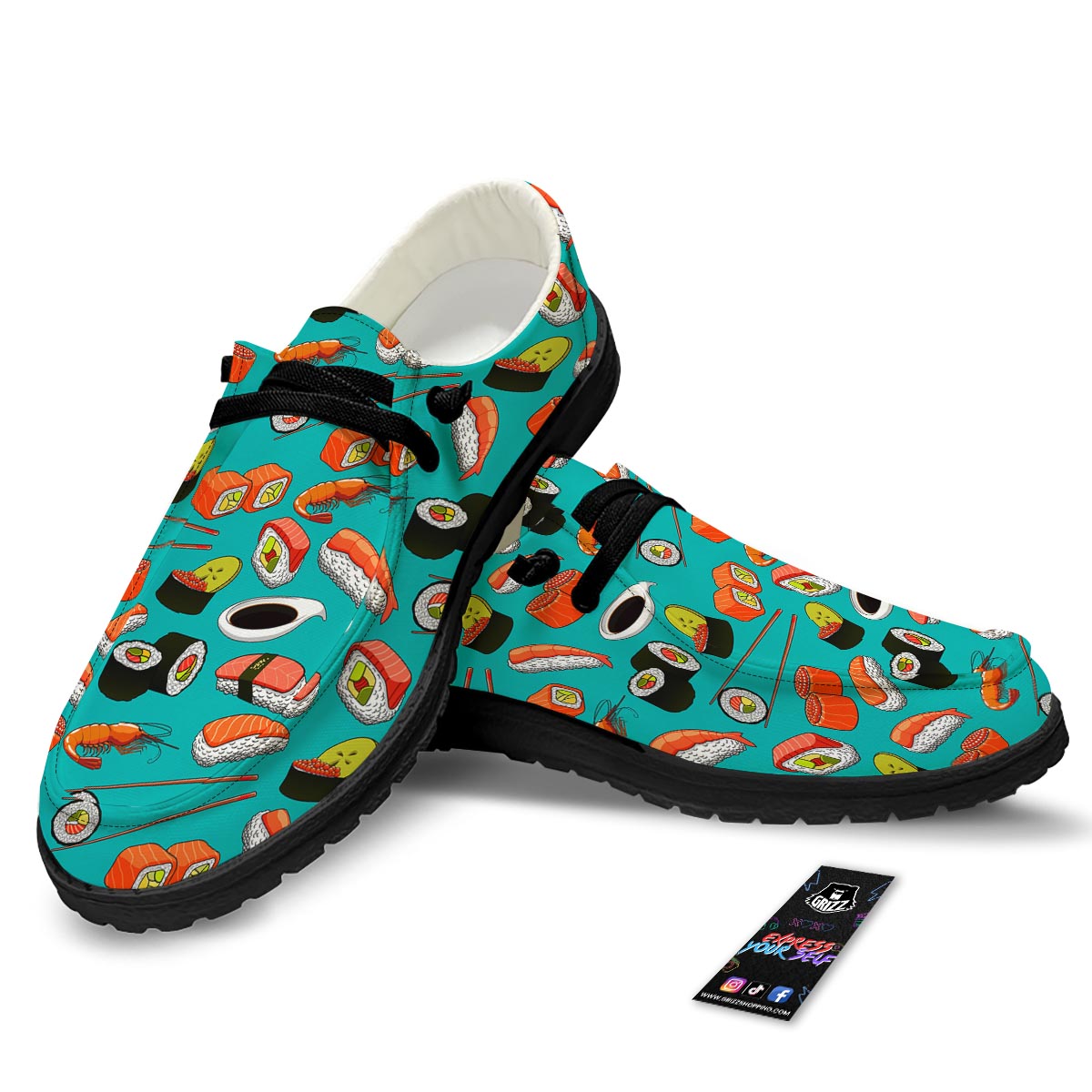 Rolls And Salmon Sushi Print Pattern Black Loafers-grizzshop