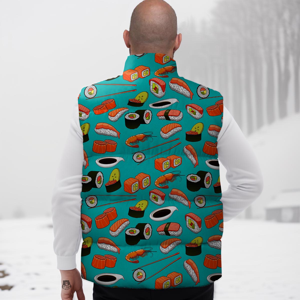 Rolls And Salmon Sushi Print Pattern Down Vest