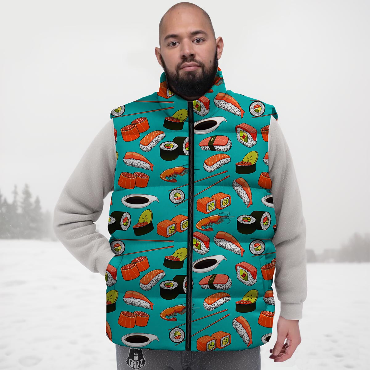 Rolls And Salmon Sushi Print Pattern Down Vest